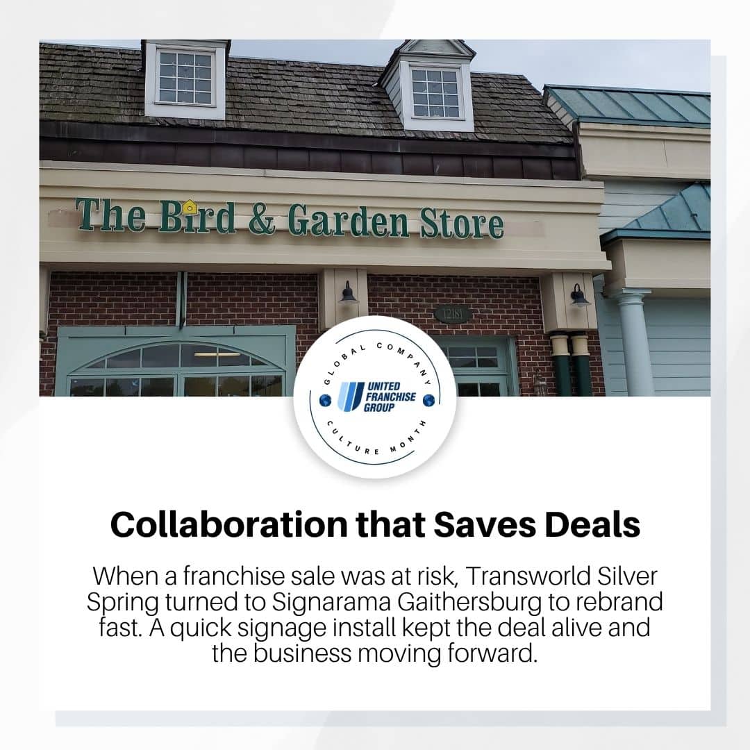 Bird & Garden Store storefront illustration showcasing franchise branding and signage.