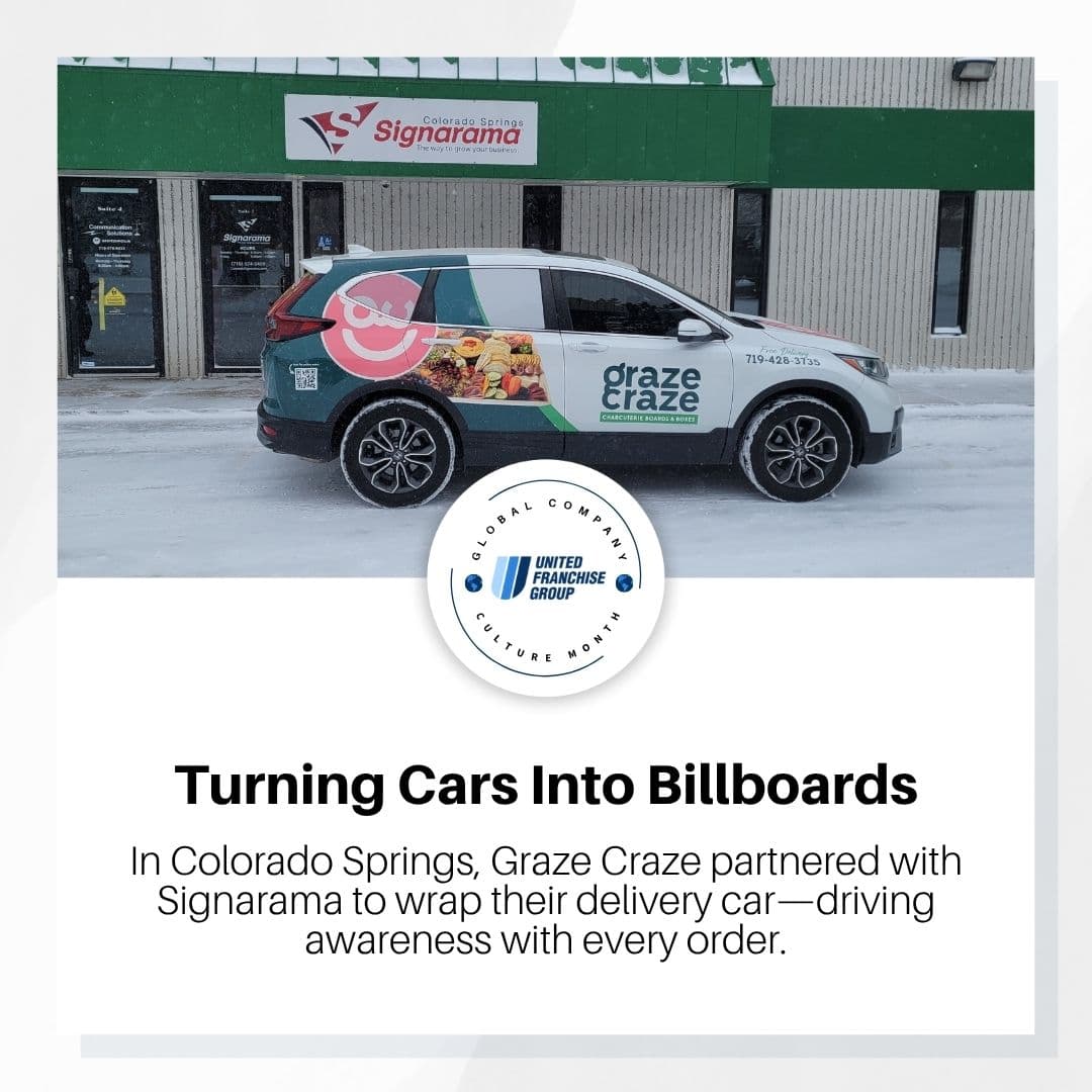 Graze Craze delivery vehicle wrapped by United Franchise Group, promoting franchise branding and mobile marketing.