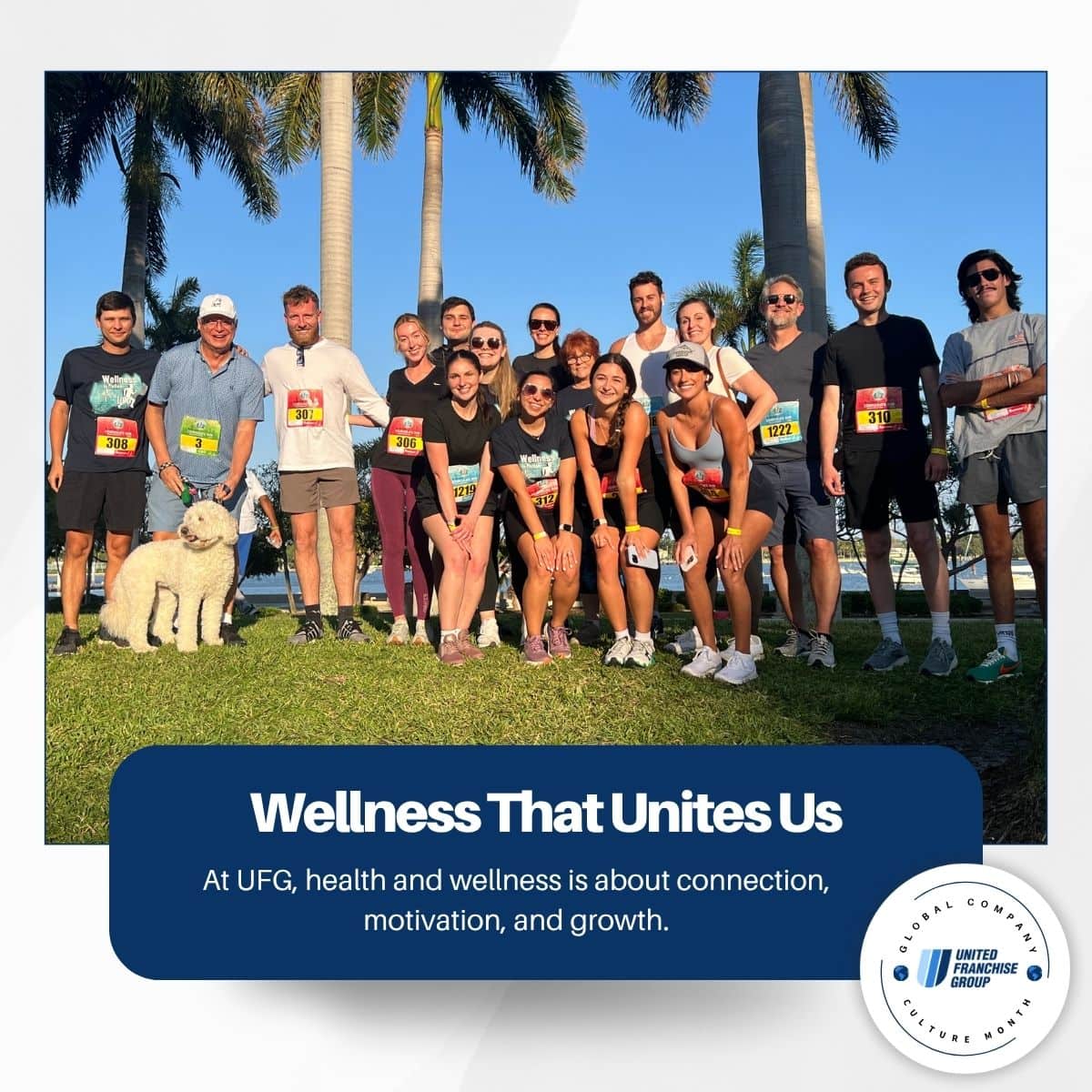Group of diverse people participating in a health and wellness event, smiling with palm trees in the background, promoting fitness, connection, and motivation under United Franchise Group’s wellness initiative.