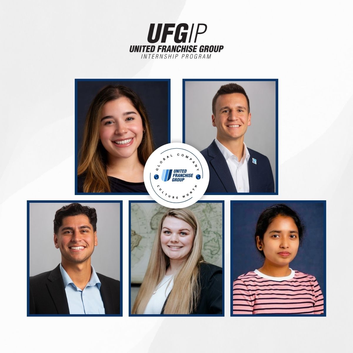 UFGIP United Franchise Group internship program celebrating global culture month with diverse team portraits.