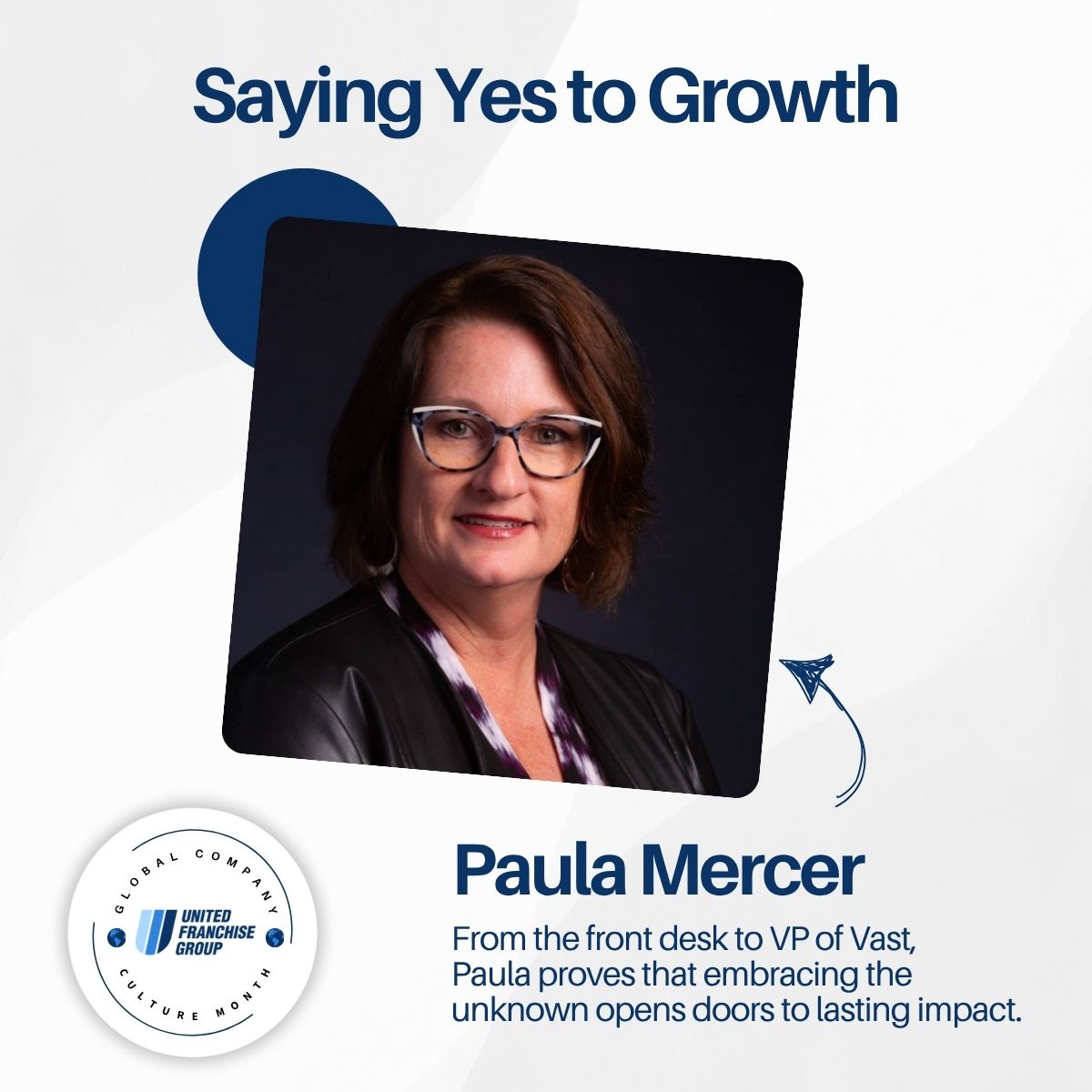 Highly skilled woman executive portrait promoting franchise leadership and growth opportunities at United Franchise Group.