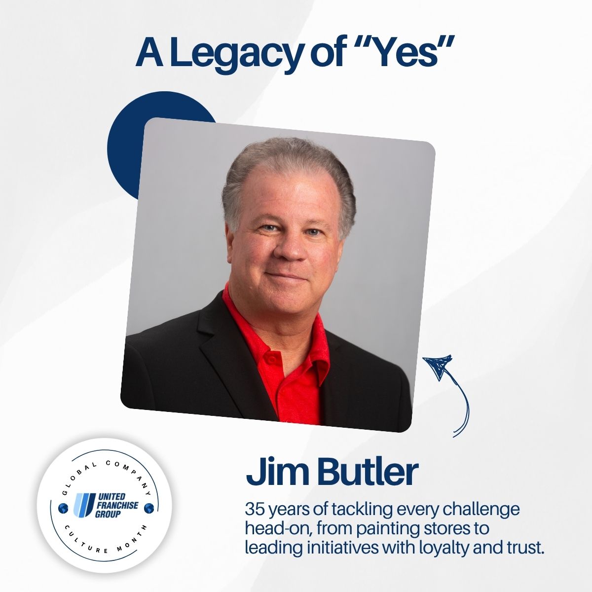 Jim Butler, leader at United Franchise Group, with 35 years of experience in franchise development and leadership, showcased in a professional headshot promoting franchise success and strategic growth.