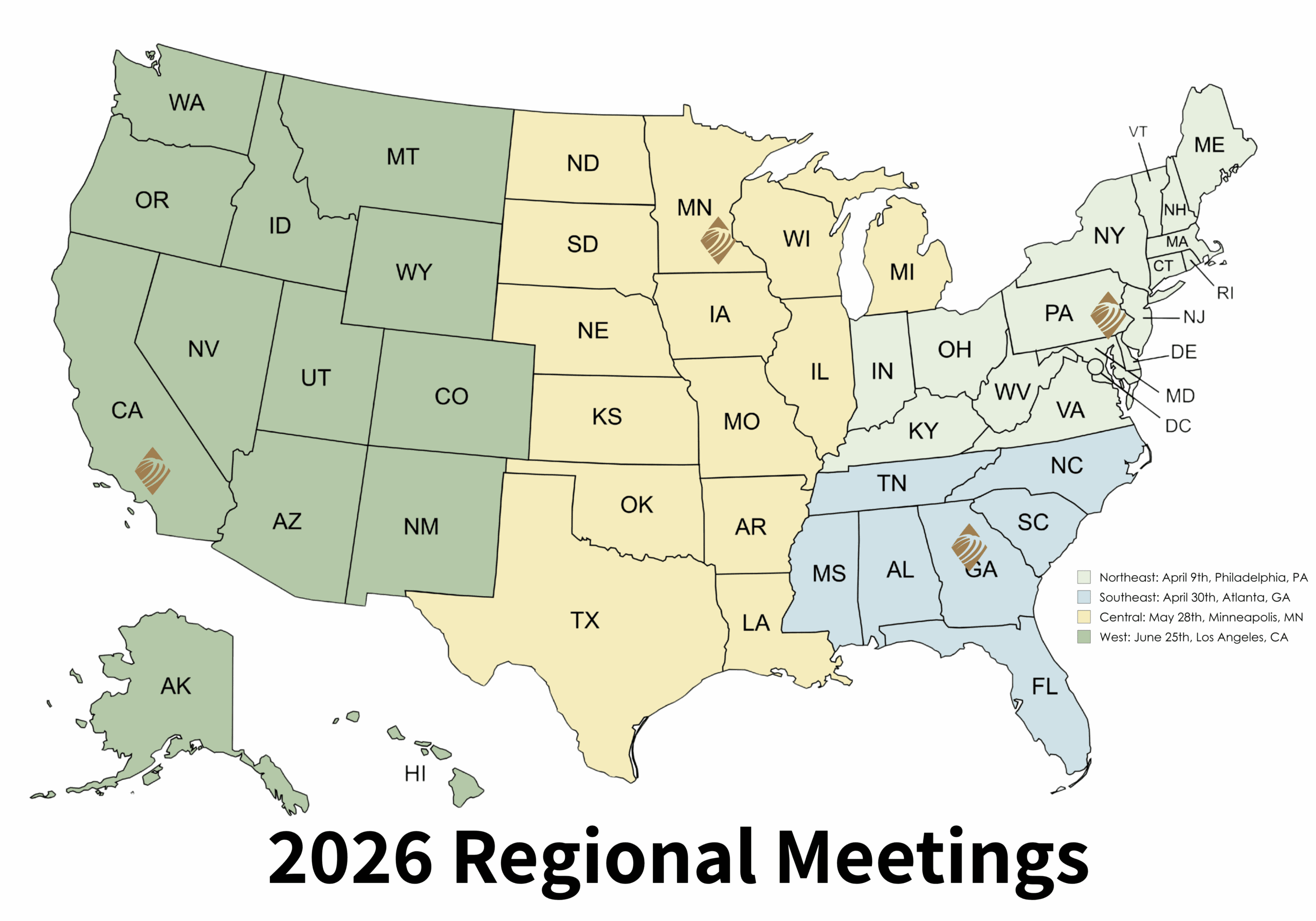 Franchise opportunity map showing United Franchise Group regional meetings across the United States, highlighting franchise expansion and franchise development events nationwide.