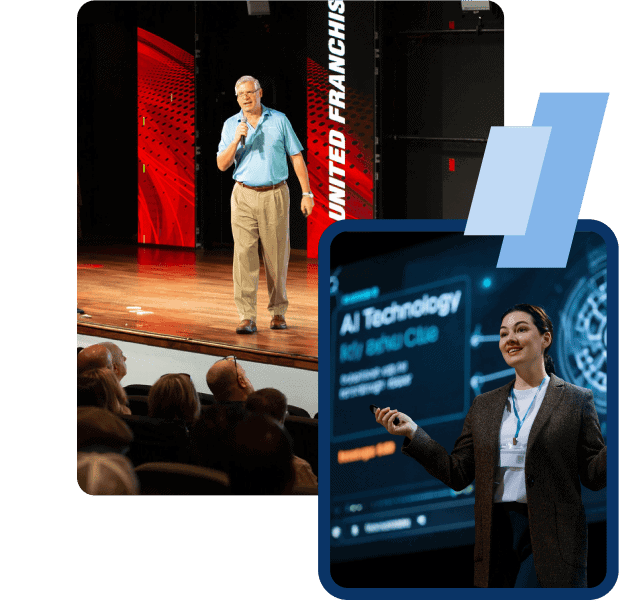 Experienced franchise business speaker presenting on stage at United Franchise Group event, addressing entrepreneurs about franchise opportunities and growth.