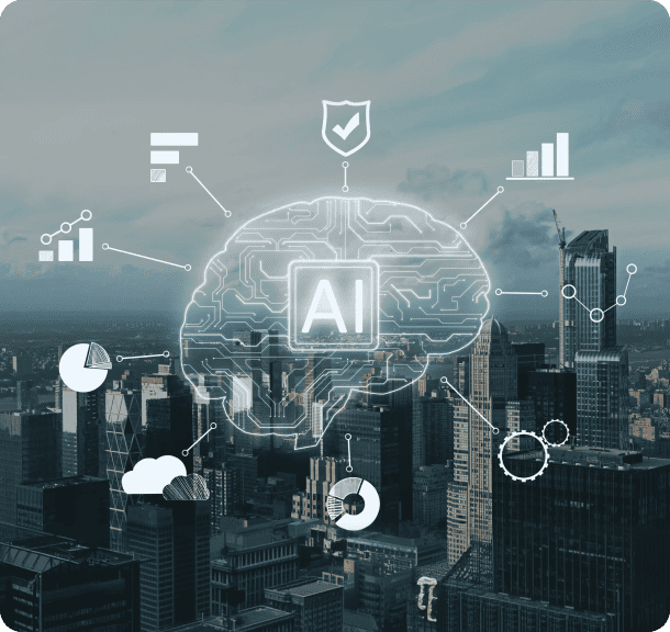 Innovative AI technology with data analytics and cloud computing in a futuristic cityscape, highlighting digital transformation and AI-driven solutions.